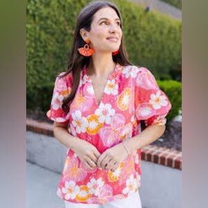 Michelle Malone Vibrant Floral Blouse with Ruffled Neckline, Size S